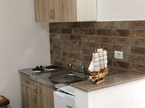 Frigorífico, microondas, placa de cocina y hervidor eléctrico
