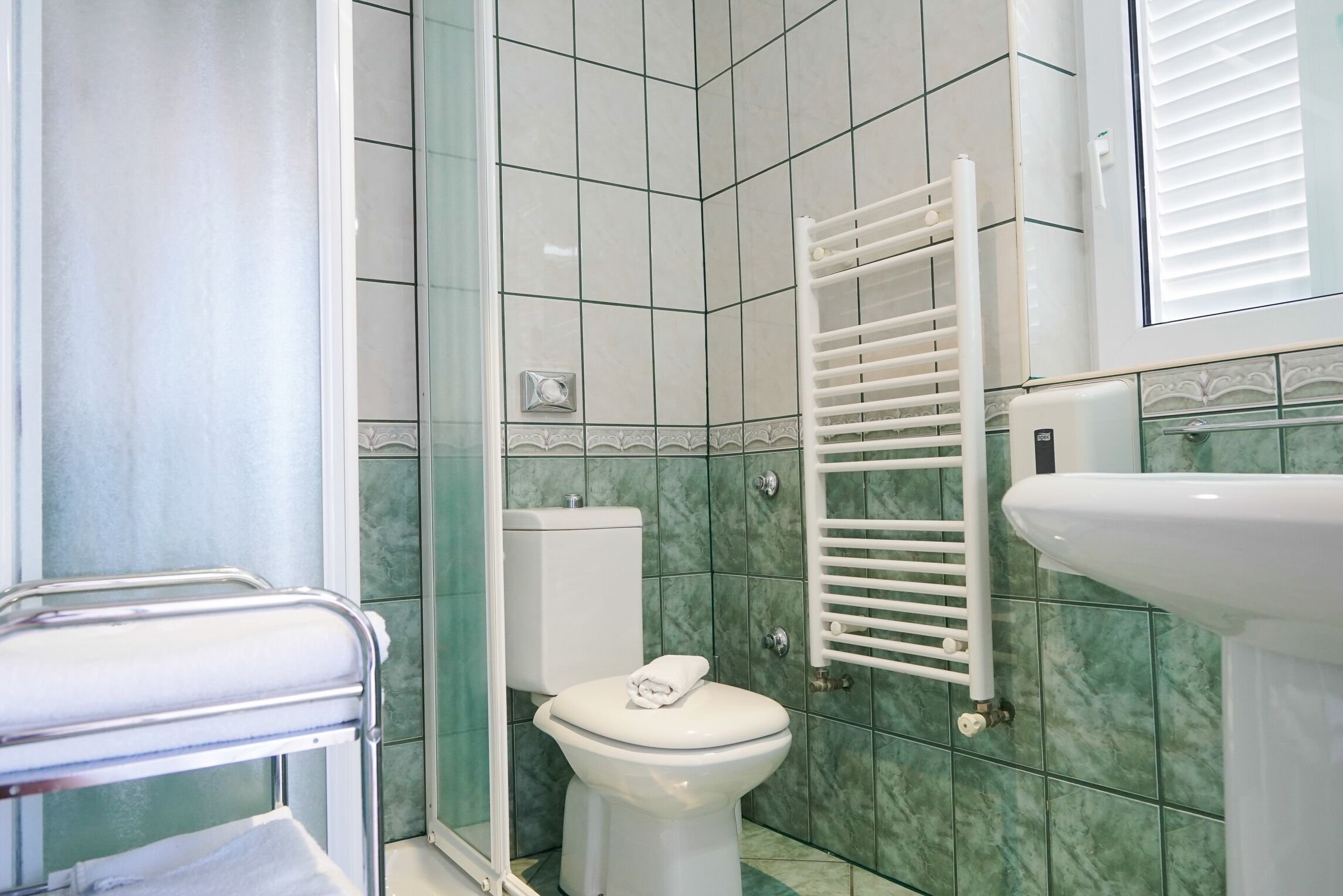 Ein Badezimmer mit Toilette, einer Duschkabine aus Glas und einem weißen Handtuchhalter.