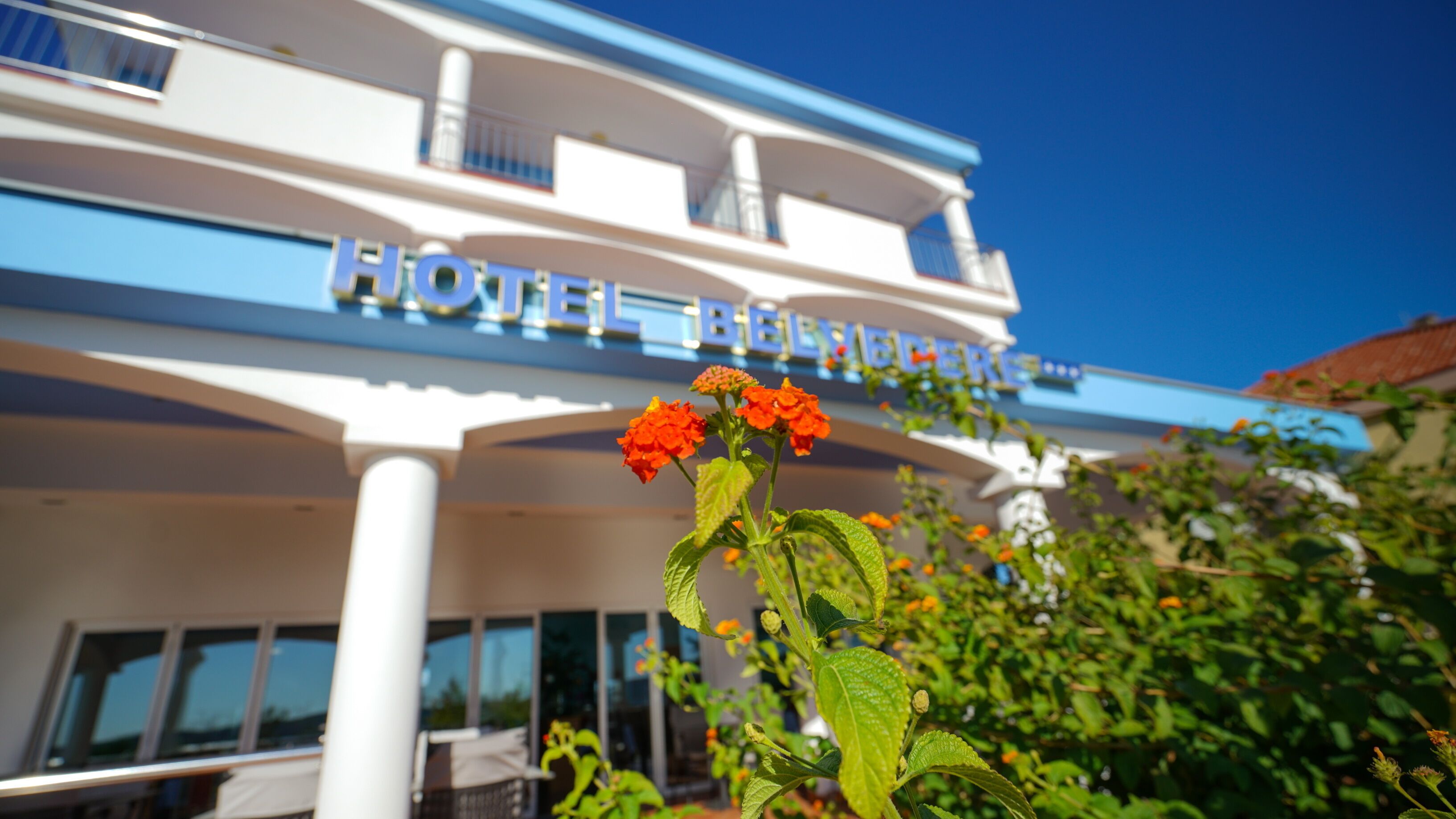 Ein Hotel mit einem Schild, auf dem "HOTEL BELIZE" steht.