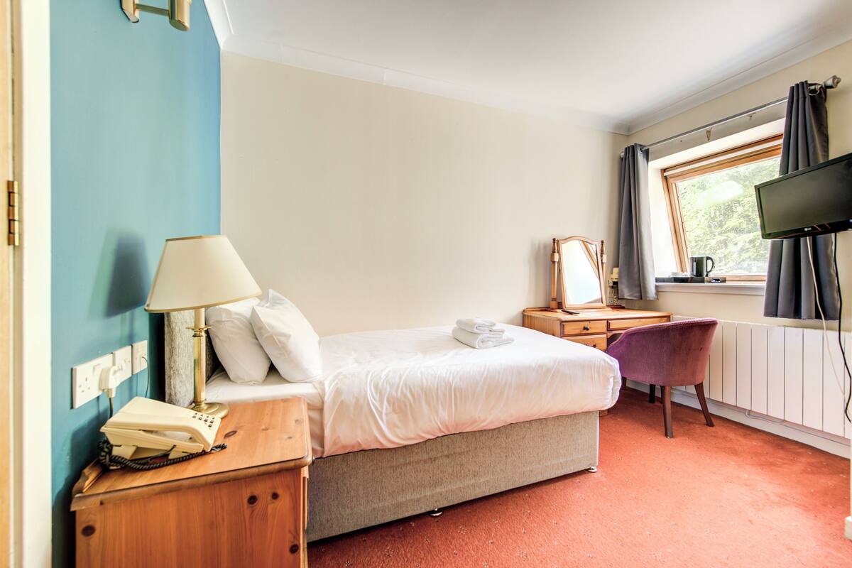 Una habitación de hotel con cama, mesita de noche con lámpara, una silla, escritorio con computadora y televisor.