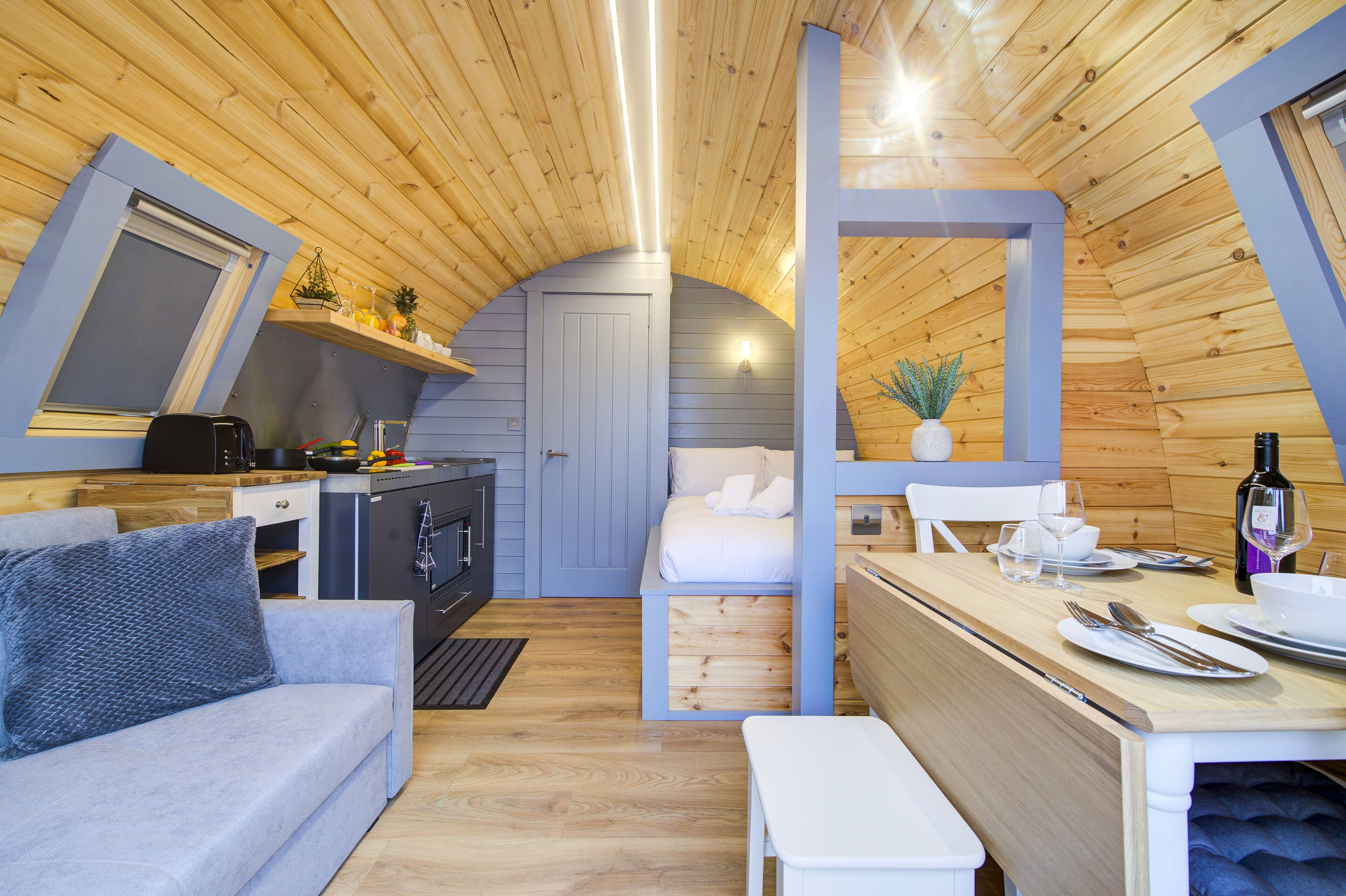 Luxury Beach Pod | Living area | 32-inch flat-screen TV with cable channels