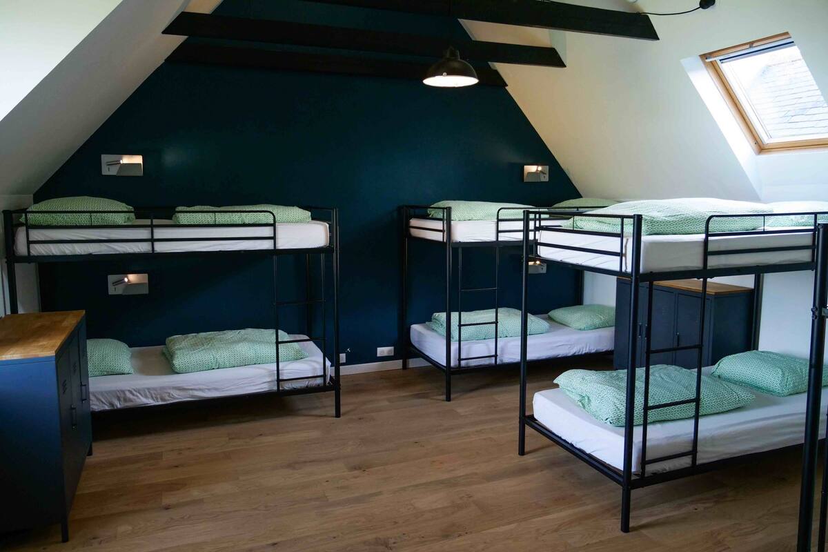 A dormitory room with four bunk beds, wooden flooring, and a skylight.