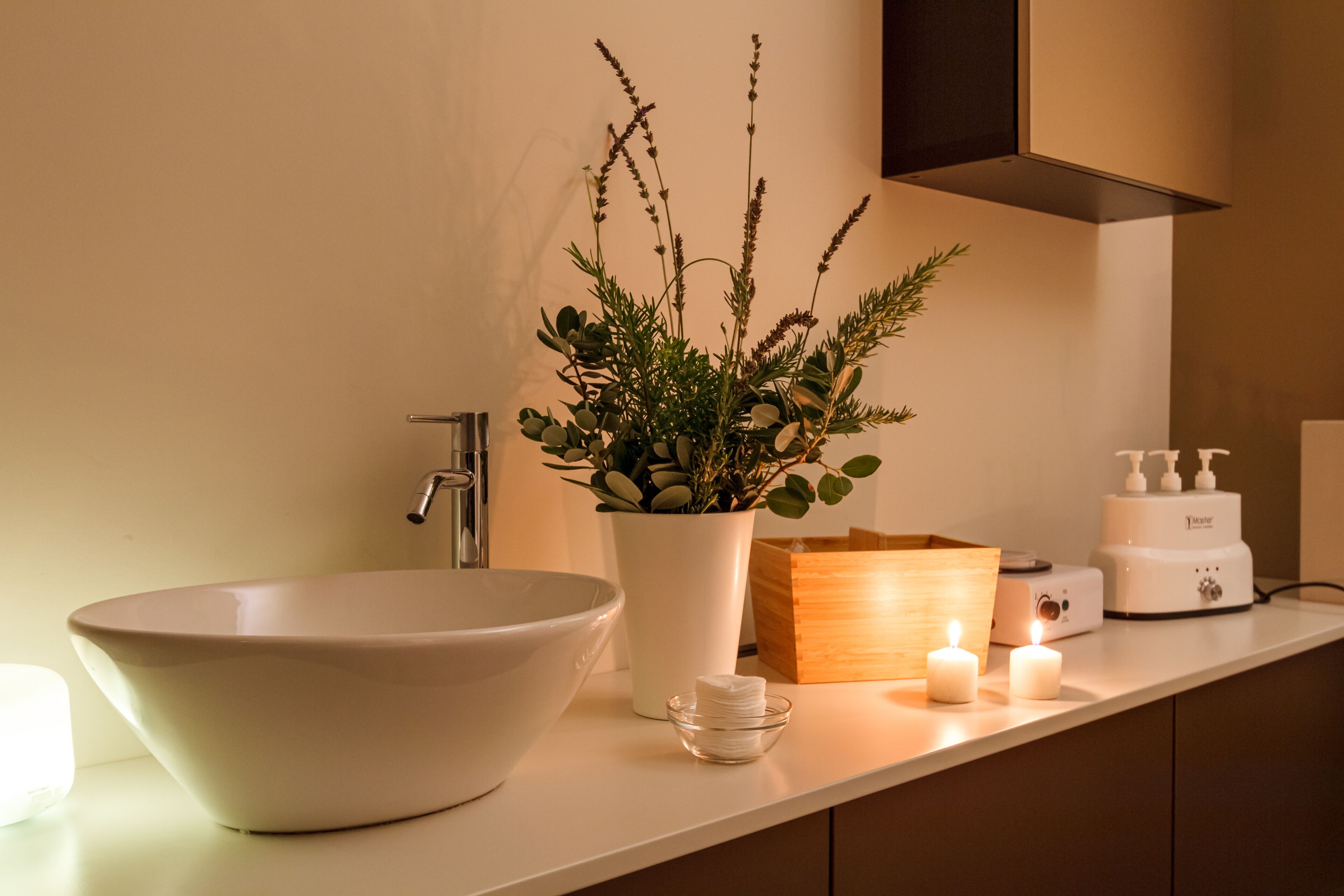 Un baño con un lavamanos grande de color blanco, una planta en maceta, una caja de madera y una afeitadora eléctrica blanca sobre la encimera.
