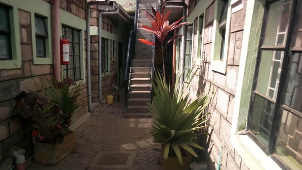 Un couloir étroit, équipé d  ’un extincteur, agrémenté de plantes en pot et doté d’un escalier menant à un étage supérieur.