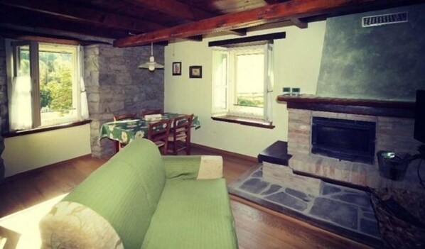 A cozy living room with a stone fireplace, a green sofa, and a dining table with chairs. - Agriturismo La Luna (Riolunato)