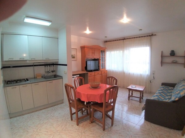 A compact living space with a kitchen, dining area, and a sofa.