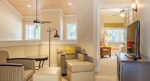 Flat-screen TV, fireplace, video games, DVD player