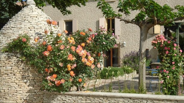 A stone building with a stone wall and a tree with pink flowers. - Le Moulin de Lavon (Gargas)