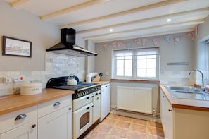 Fridge, microwave, oven, cookware/dishes/utensils