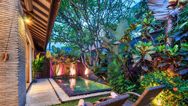 A private garden with a swimming pool, lounge chairs, and lush tropical plants.