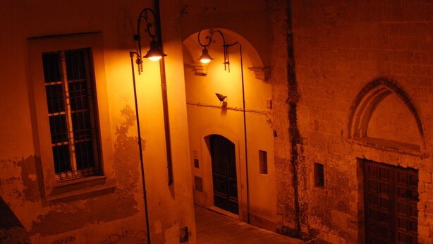 Un pasillo tenuemente iluminado con arcos y un ave posada en la barandilla.