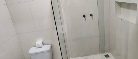 A modern bathroom with a glass-enclosed shower, a white toilet, and a small shelf.