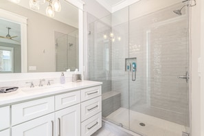 Hair dryer, towels, soap, shampoo
