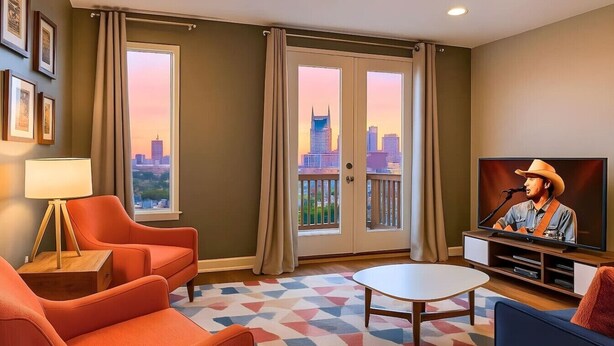 Habitación de hotel con vistas a la ciudad, sillones anaranjados, un televisor y una alfombra estampada.