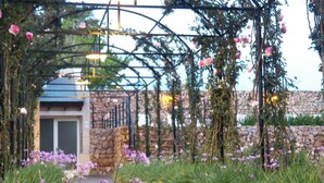 Un sendero de jardín que lleva a un edificio de piedra con un arco de metal decorado con flores.