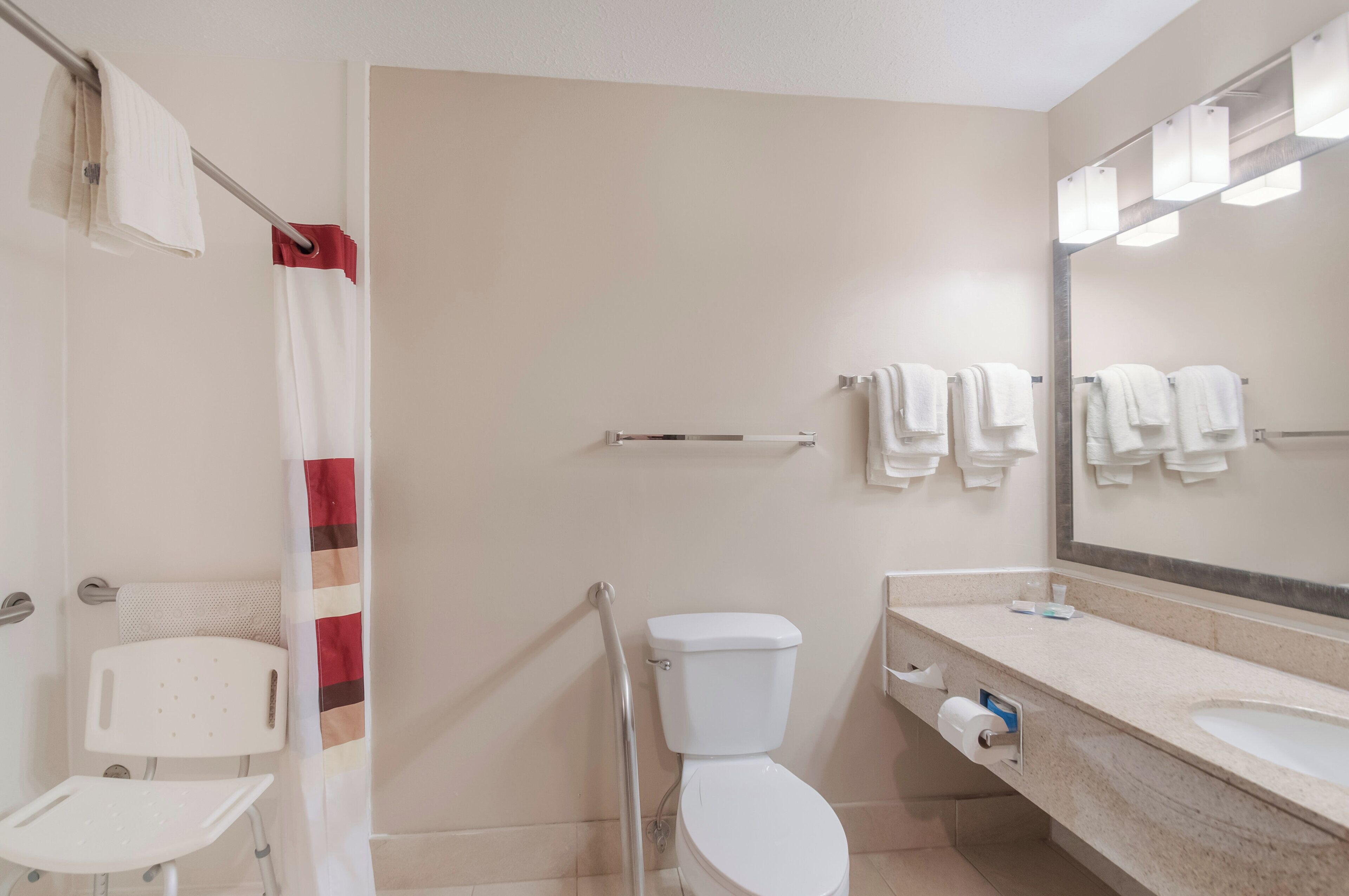 Superior Room, 1 King Bed, Accessible, Non Smoking (Roll-In Shower) | Bathroom | Hair dryer, towels, soap, shampoo