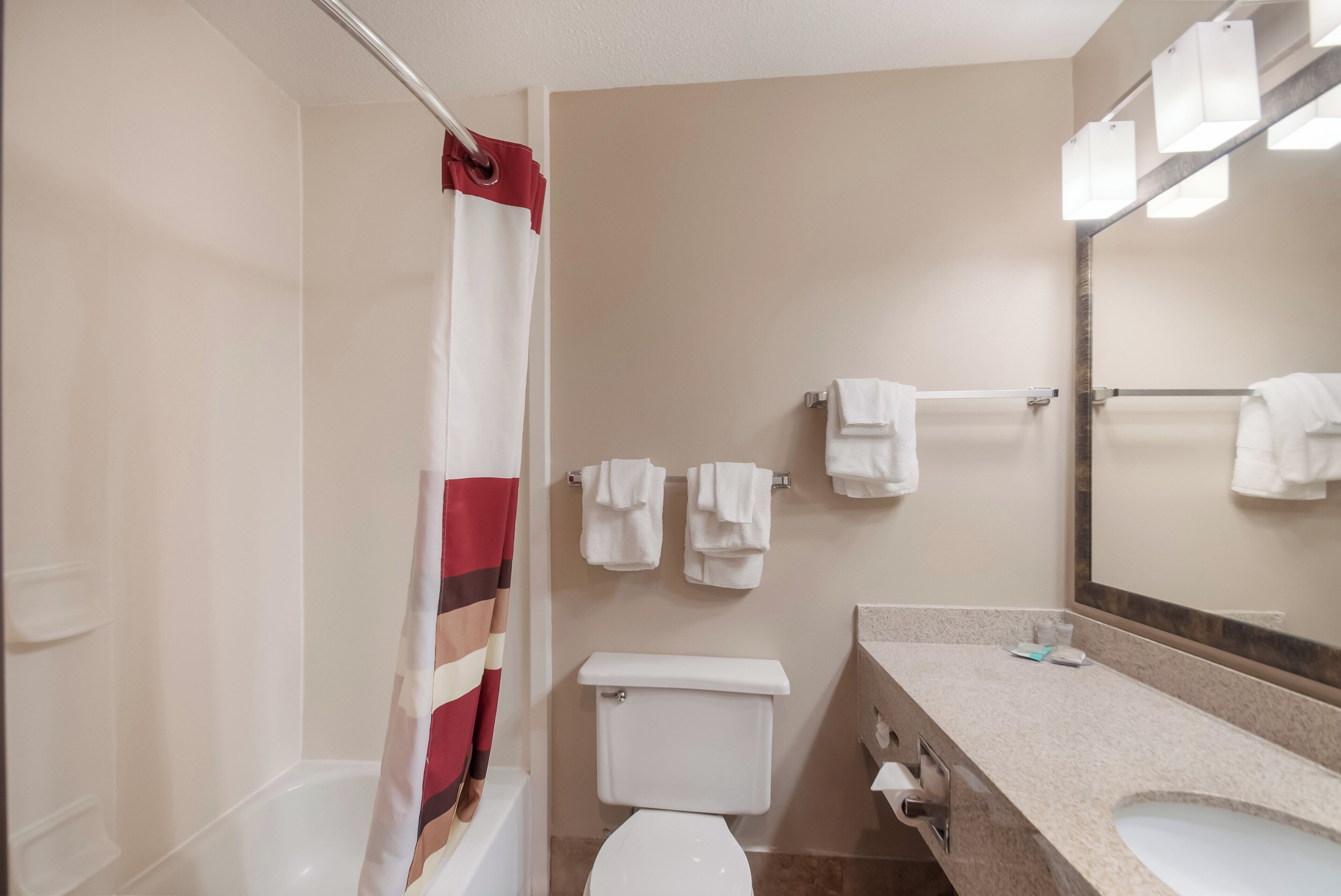 A bathroom with a shower curtain, a toilet, a sink, and a mirror.