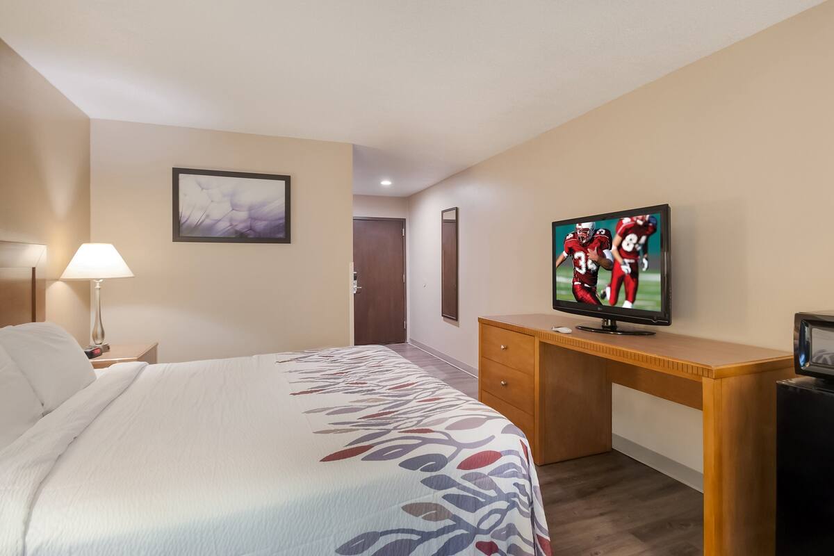 A hotel room with a bed, a desk, a television, and a door.