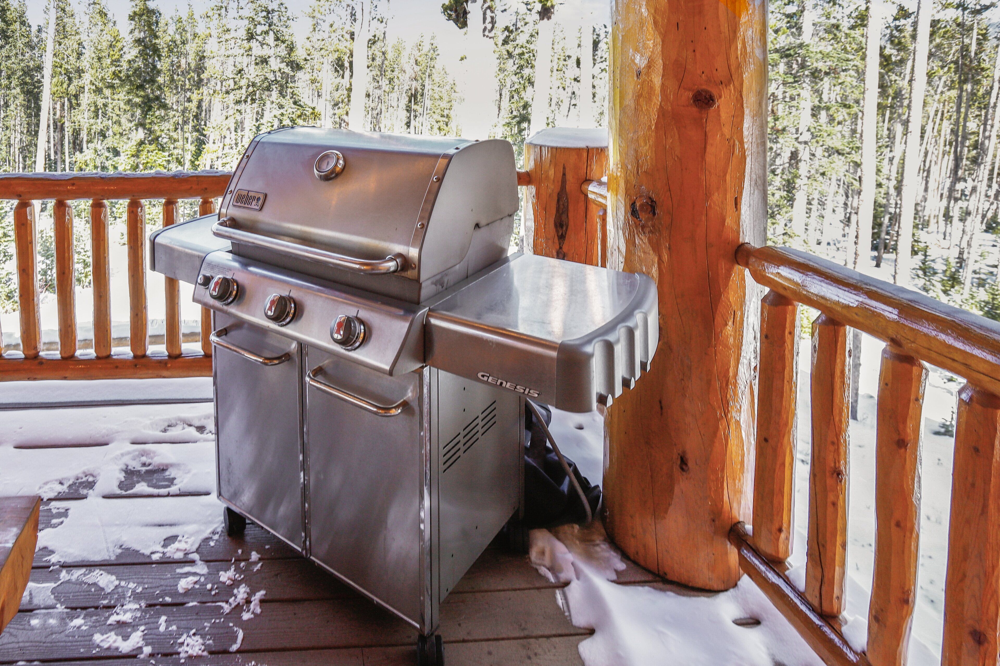 Un barbecue Genesis en acier inoxydable sur une terrasse en bois, avec de la neige au sol.