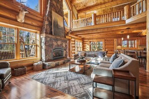 Flat-screen TV, fireplace - Experience Fireside Retreat, a comfortable and secluded log home in Breckenridge, Hot Tub! (Breckenridge)