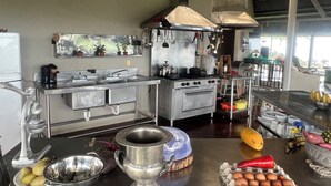 Eine moderne Küche mit Edelstahlgeräten, einer großen Spüle und einem Herd. Auf der Arbeitsfläche liegen verschiedene Früchte und Gemüse, darunter Bananen, Kartoffeln und Eier.