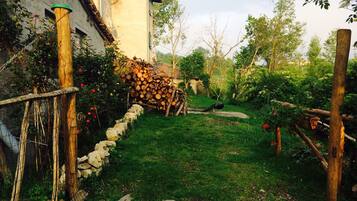 Un jardin rustique avec une clôture en bois, une pile de bûches et un paon.