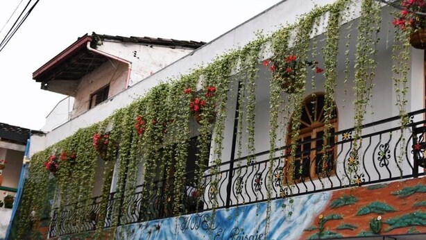 Ein Gebäude mit einem Balkon, der mit grünen Weinreben und roten Blüten geschmückt ist, mit einem Schild, auf dem "Hotel El Paisaje" steht, und einem Wandbild in Grün- und Orangetönen.