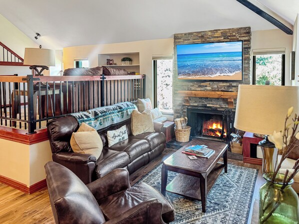 Smart TV, fireplace, video games, DVD player