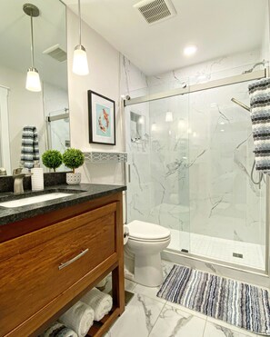 Combined shower/bathtub, hair dryer, towels, soap