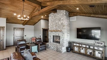 TV connectée, cheminée, livres, espaces bureaux