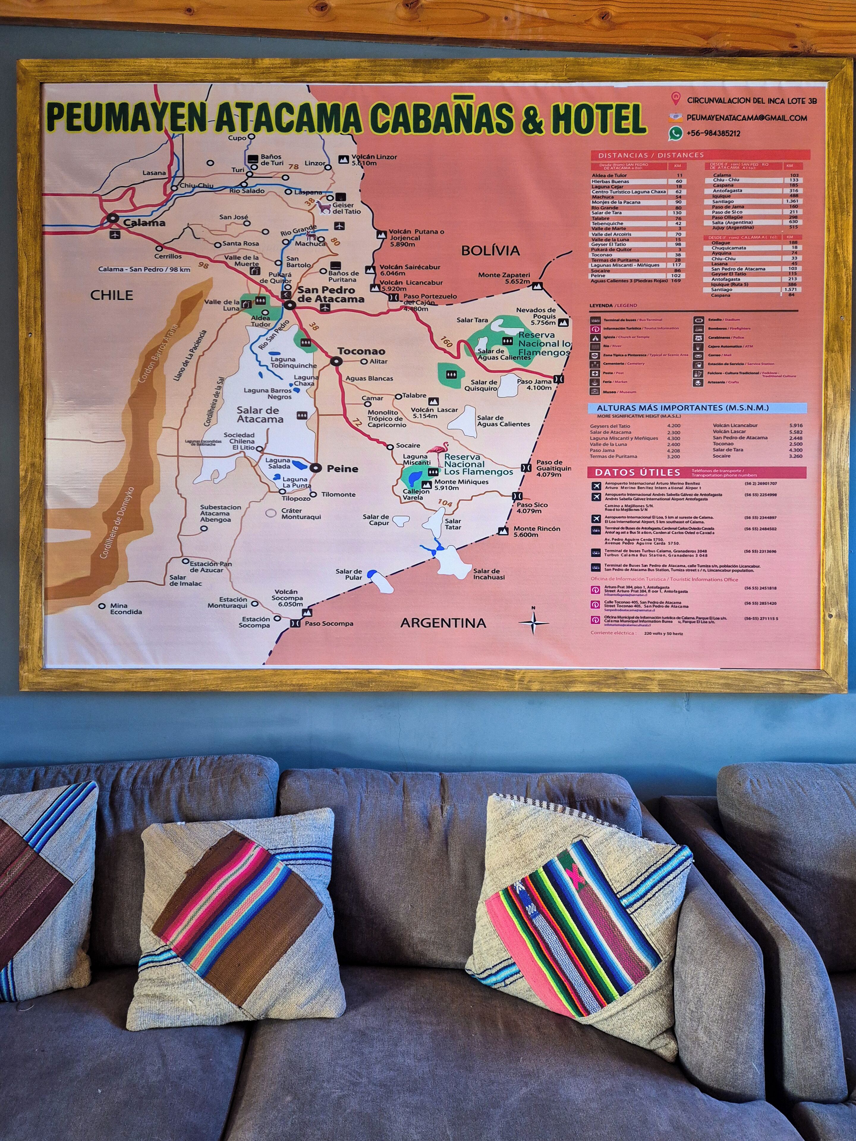 Une carte de Peumayen Atacama Cabanas & Hotel indiquant les différents lieux et les distances.