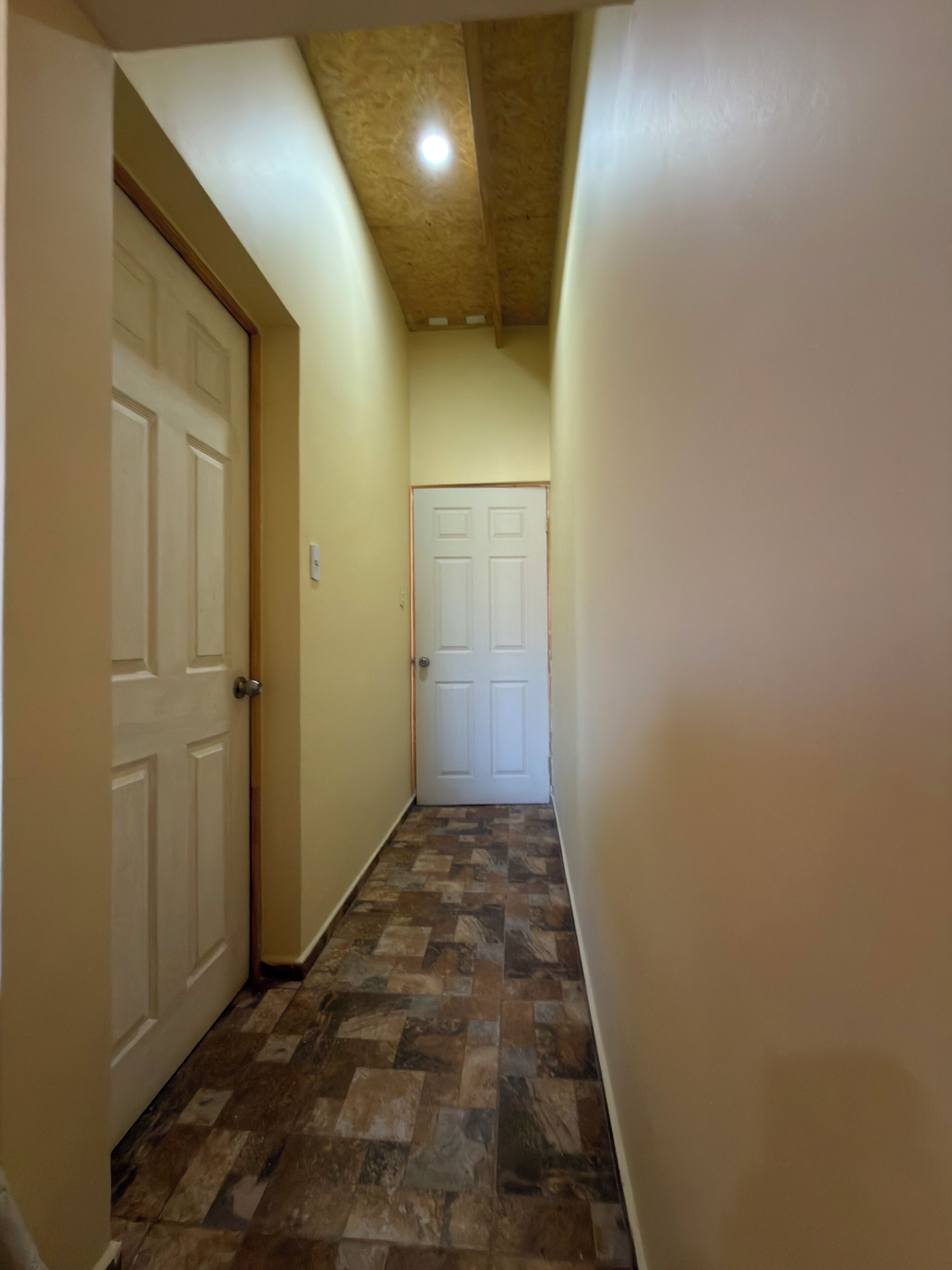 A narrow hallway with patterned flooring, two white doors, and a ceiling with recessed lighting.