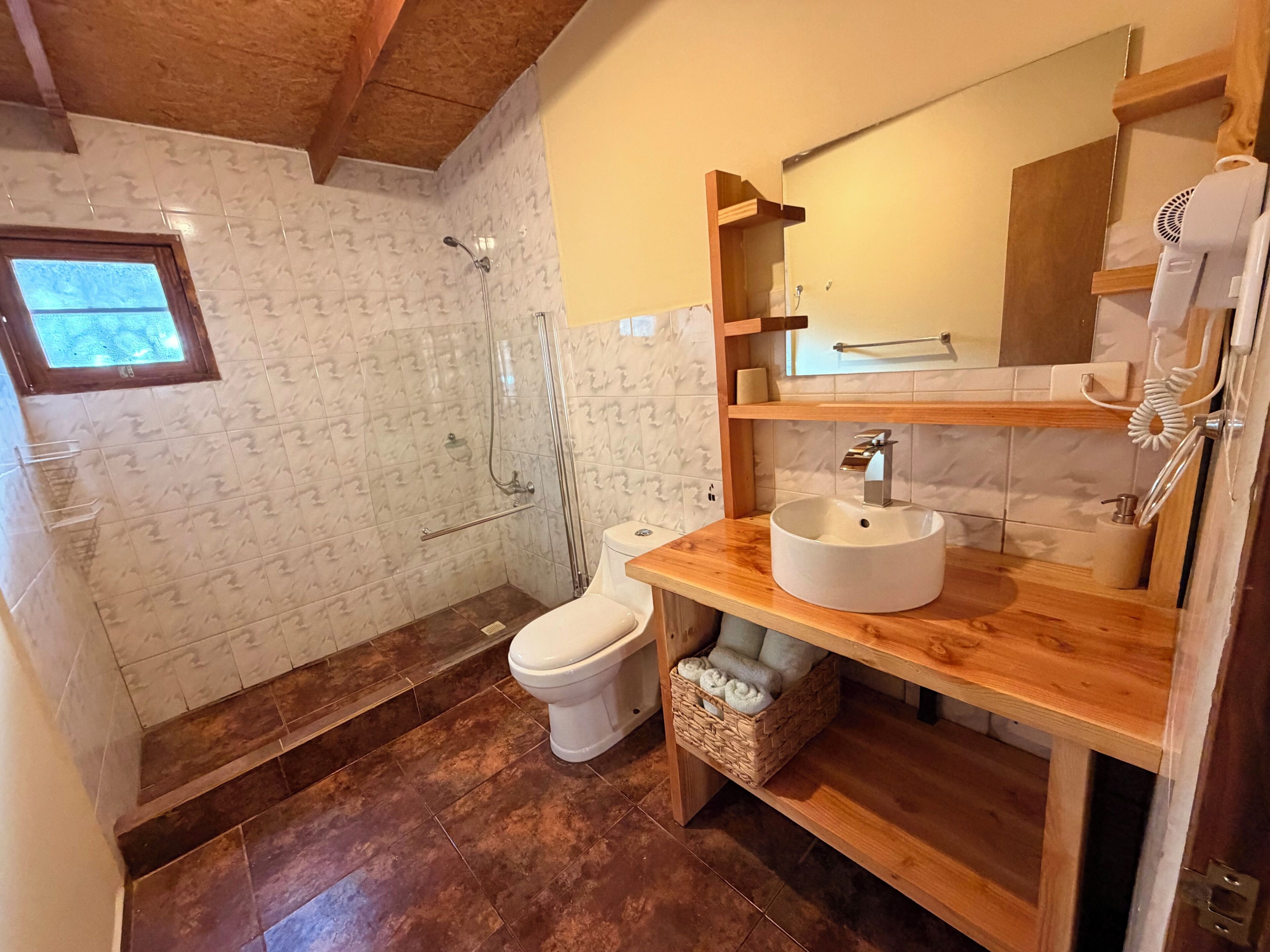 Un baño con ducha, inodoro y lavabo con espejo superior.