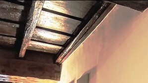 Una habitación con un adorno mural hexagonal, un sofá, una mesita y una lámpara de pie.