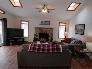 Smart TV, fireplace, video games, foosball