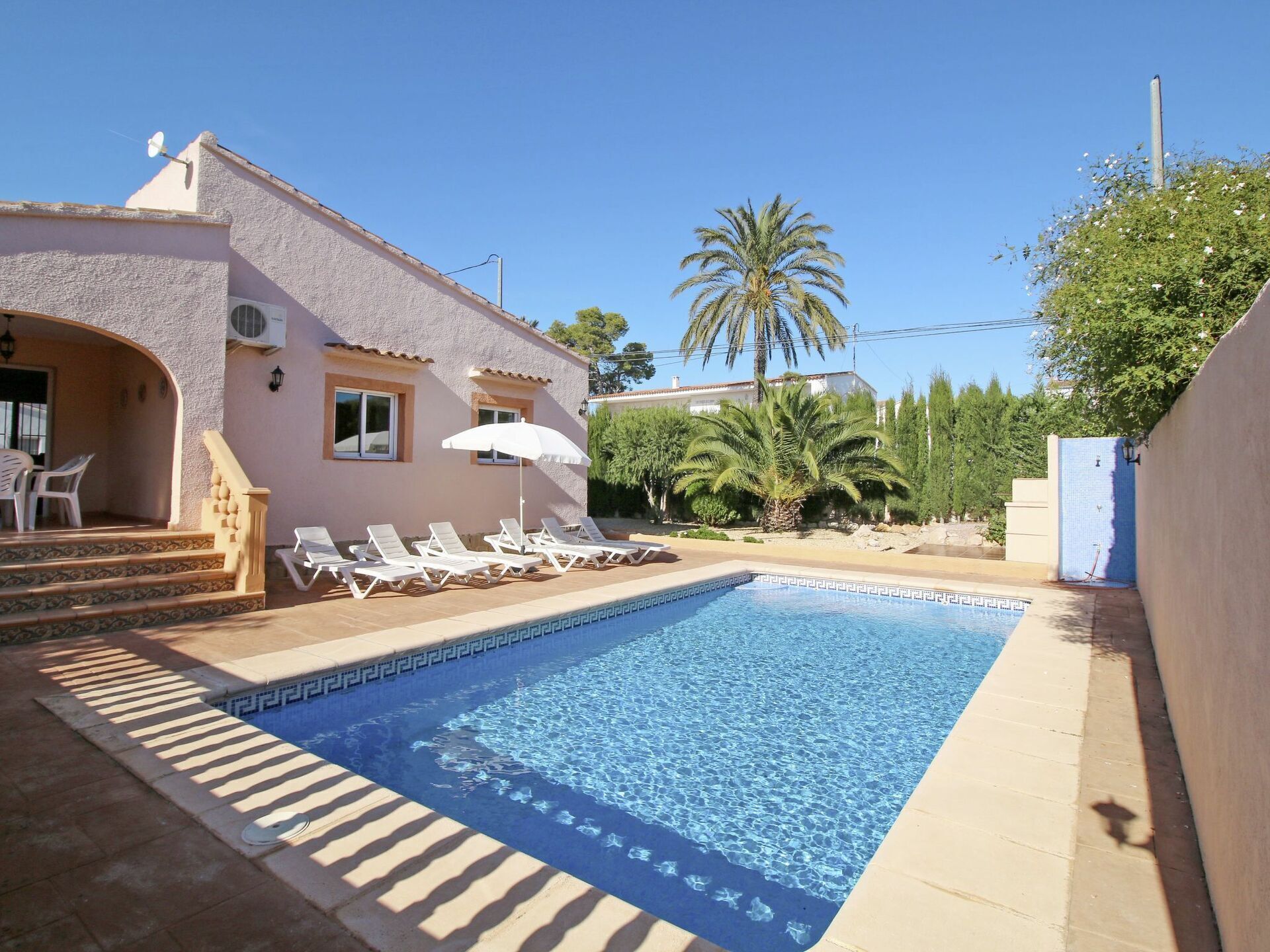 Una piscina con sillas de descanso y sombrillas, una escalera que lleva a una entrada, y una palmera al fondo.