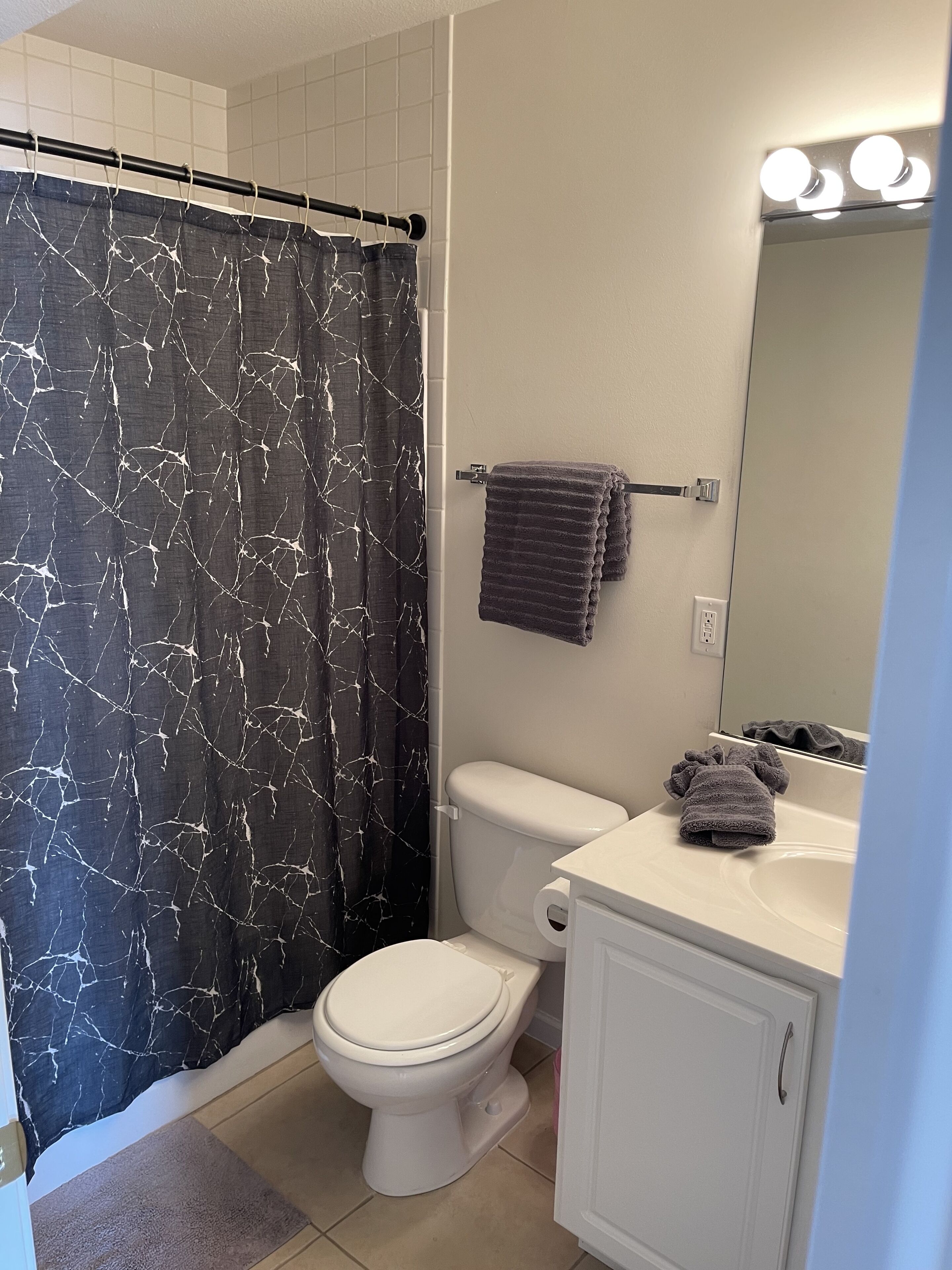 Shower, towels, toilet paper