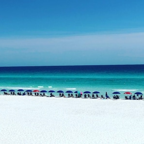 Ein Strand mit Liegestühlen und Sonnenschirmen unter blauem Himmel.
