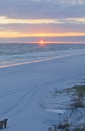 On the beach, sun loungers