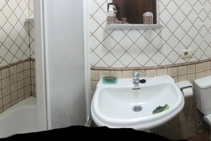 Combined shower/tub, hair dryer, bidet, towels