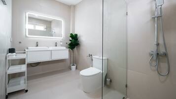 A modern bathroom with a glass shower enclosure, a white sink, and a toilet.