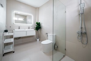A modern bathroom with a glass shower enclosure, a white sink, and a toilet.