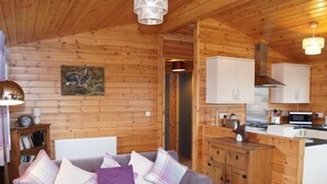 Ein gemütliches Blockhaus-Interieur mit Holzausstattung, einer Couch mit Kissen, einer Küchenzeile mit Schränken und Geräten sowie einem Bild an der Wand.