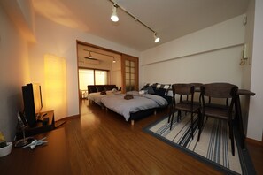 1 bedroom, desk, blackout drapes, iron/ironing board