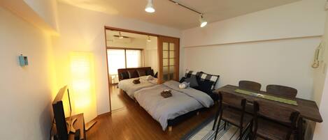 1 bedroom, desk, blackout drapes, iron/ironing board