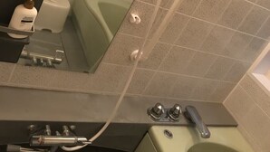 A bathroom with a bathtub, a shower, and a toilet. There are shelves with toiletries and a mirror. - Uego (Niijima)