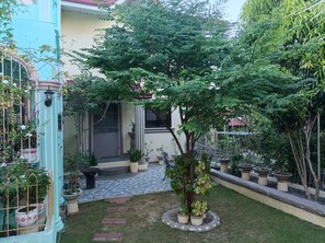 A courtyard with potted plants, a small tree, and a tiled pathway.