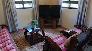 A living room with a television, wooden furniture, and a patterned rug.