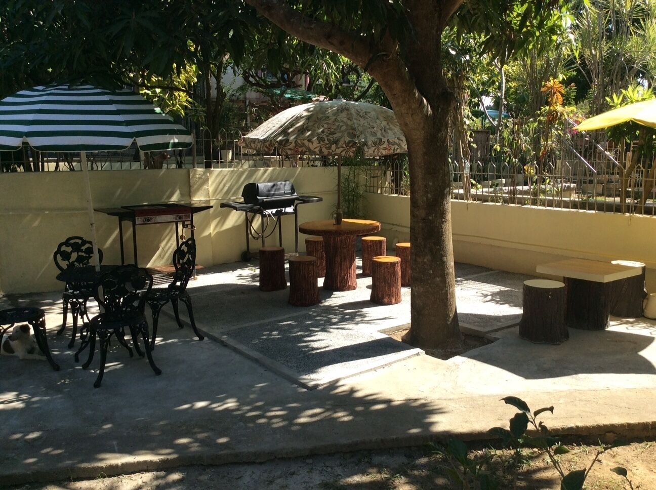 An outdoor seating area with tables and chairs, surrounded by trees and umbrellas.