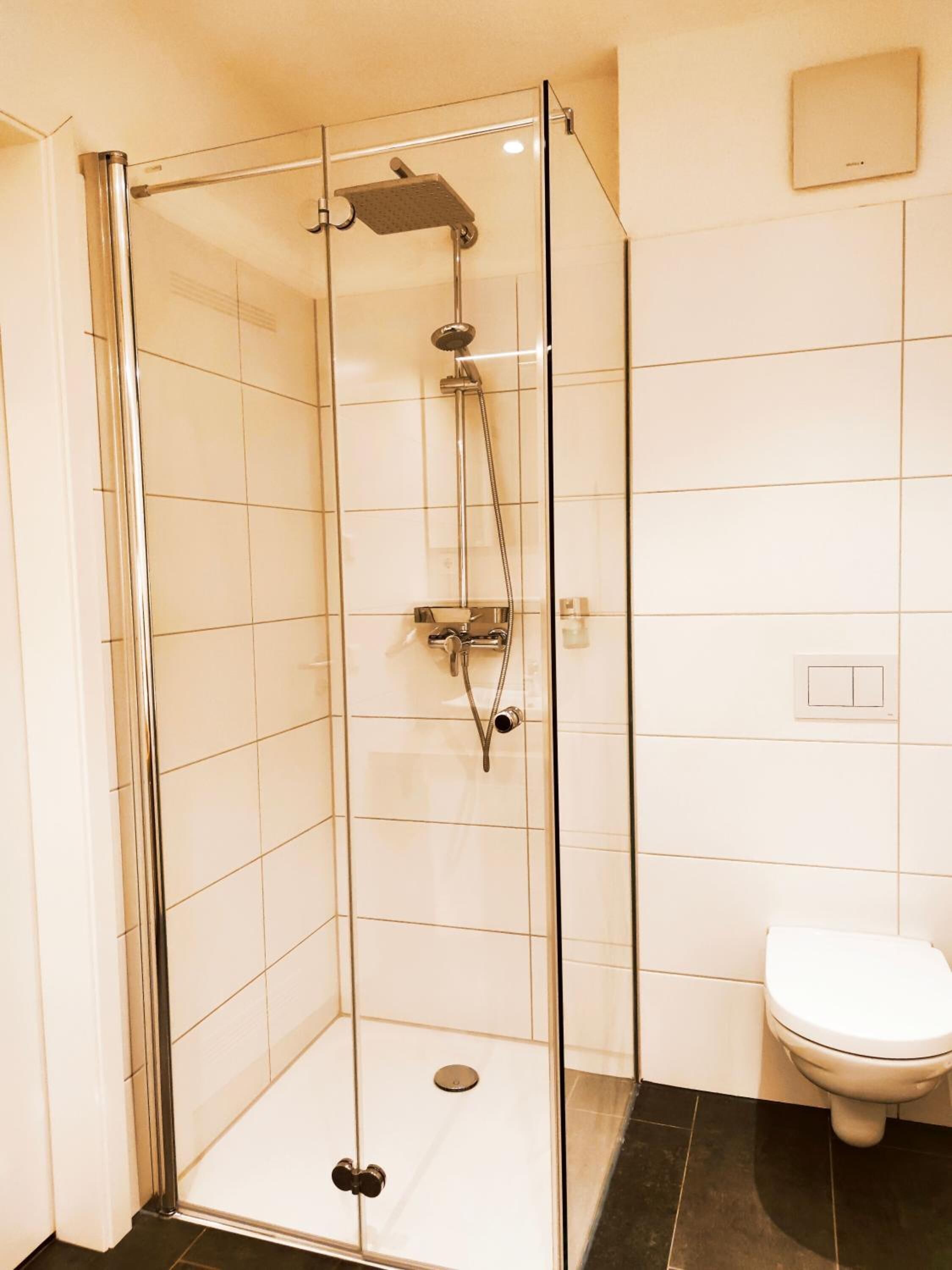 A glass-enclosed shower with a handheld showerhead, a wall-mounted control panel, and a toilet in a tiled bathroom.